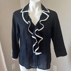 Talbots Vintage 100% Linen Ruffle Front Button Front Navy Blue White Top 10P